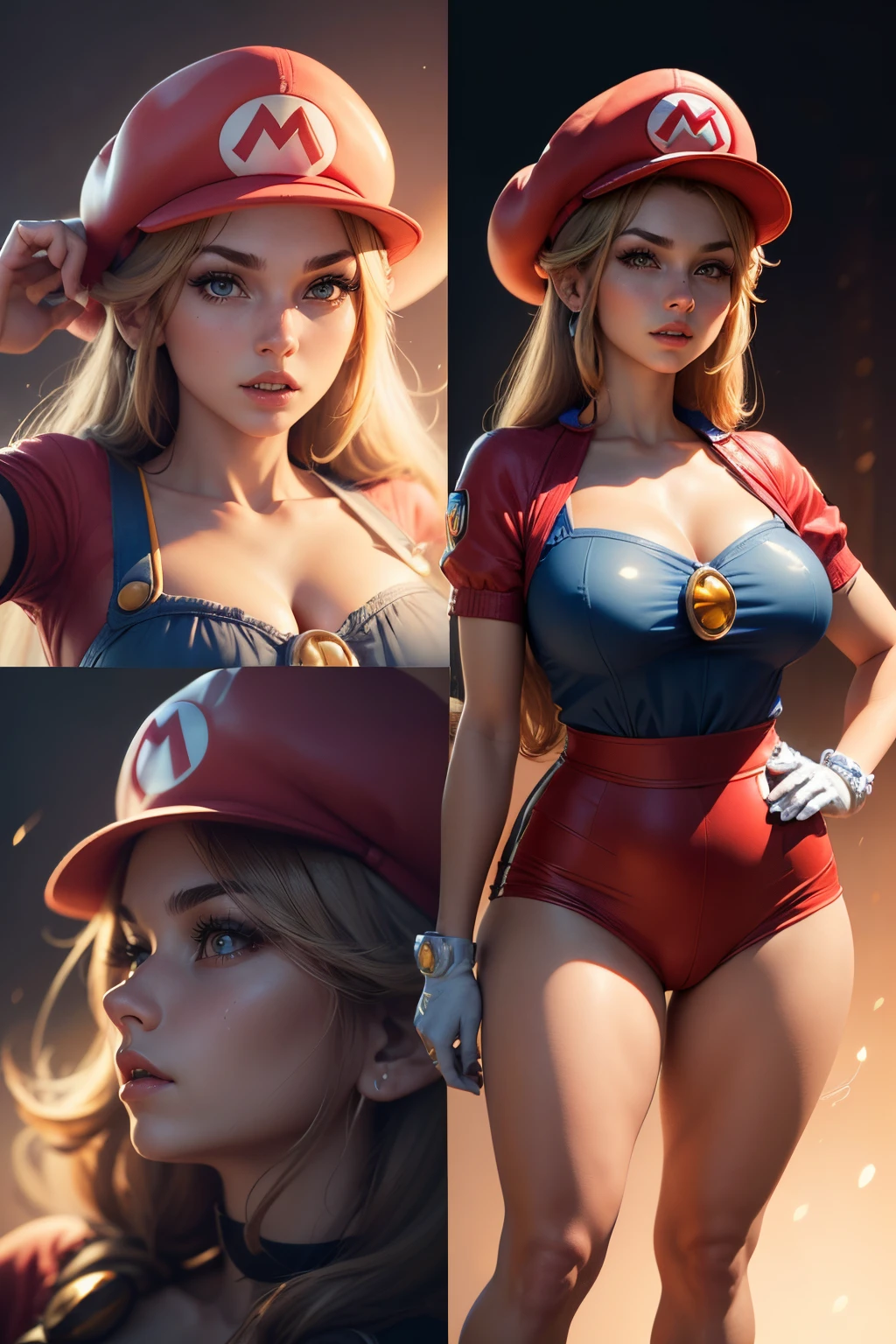 a woman with super Mario hat, wearing a super Mario costume, cute pose, detailed face, detailed body, detailed outfit (reality: 1.4), (A hyper-realistic), (high resolution), (8K), (highly detailed), ( Best Illustration), (detailed eyes), (ultra-detailliert), Bright lighting, Professional Lighting, scary face.