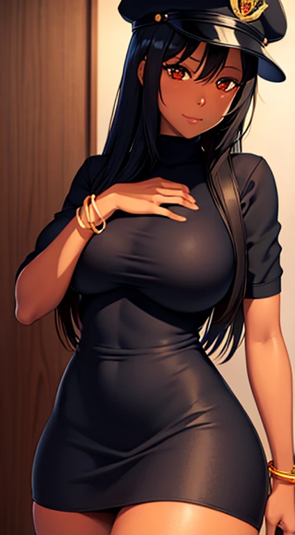 (masterpiece), best quality, expressive eyes, perfect face,black ebony skin,half naked, Police dress,police cap on her head,short police skirt,perfect shaped body,long hair, black hair, orange eyes, massive sized boobs, black skin, ultra realistic detailed orange eyes, long and open hair, looking at camera, innocent eyes, innocent face,very cute anime girl face, black skin anime girl, cute smile on her face, wearing flower bracelets on her hand,thigh legs