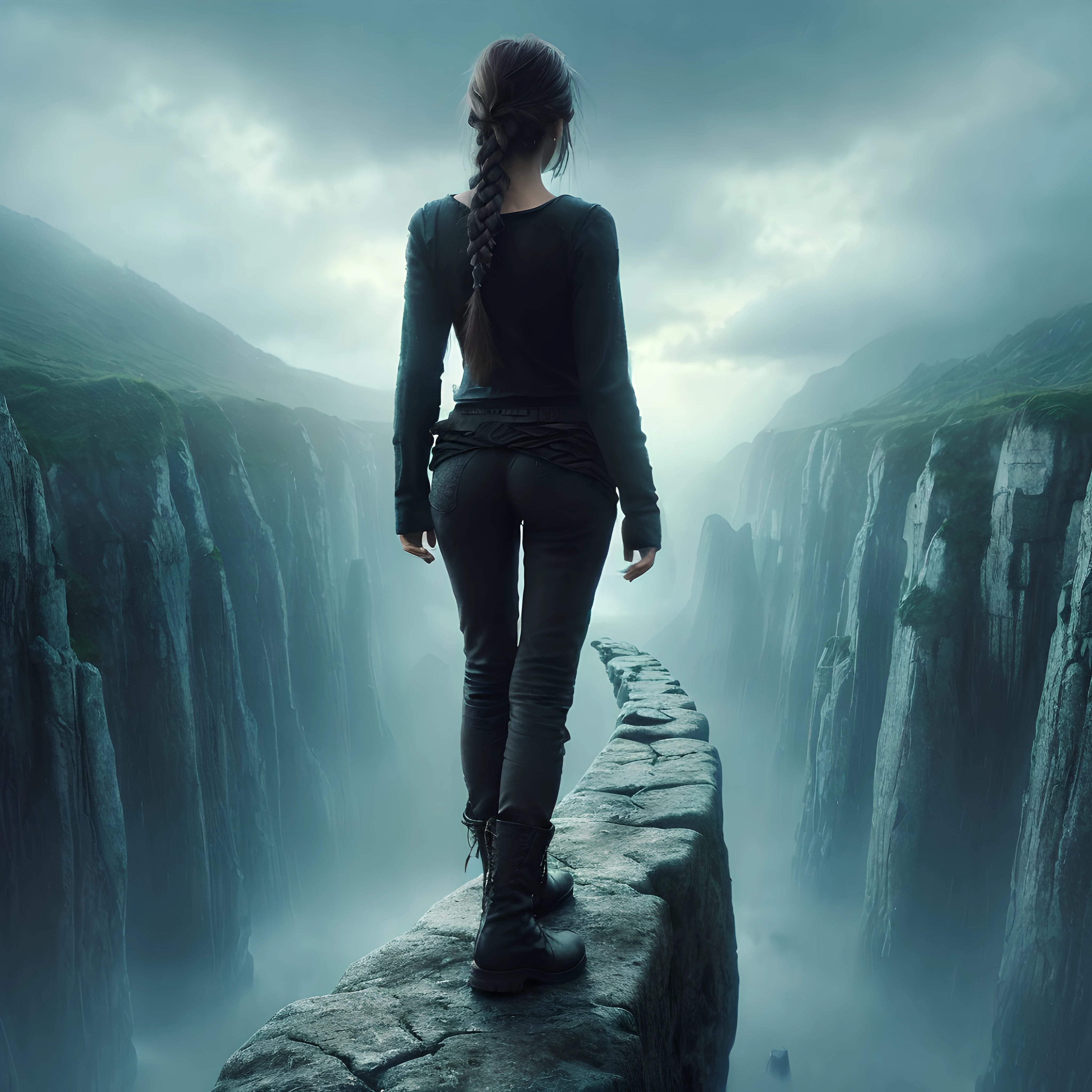 woman standing with her back to the camera, hair in a braid dressed in all black top and pants wearing combat boots, looking at a stone balance beam that extends on forever through the darksky , soft focus, , fairy tale atmosphere, by alex1shved, highly realistic, ruddy skin, by alex1shvedLuis Royo bookmark of surrealistic dreams, magic, fantasy, great detail, rainy day, storybook detailed illustration, cinematic, ultra highly detailed, tiny detail