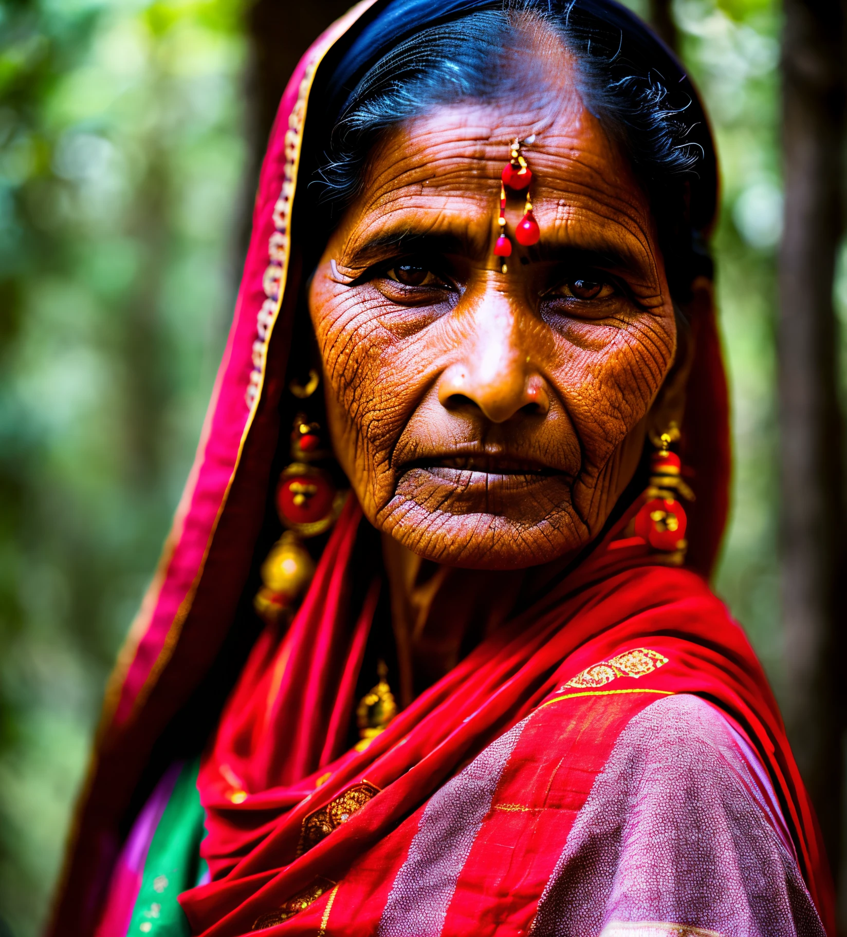 portrait of indian village woman at a gathering in the forests of Himachal Pradesh, digital photograph, soft natural light, 50mm lens, f1.8 aperture