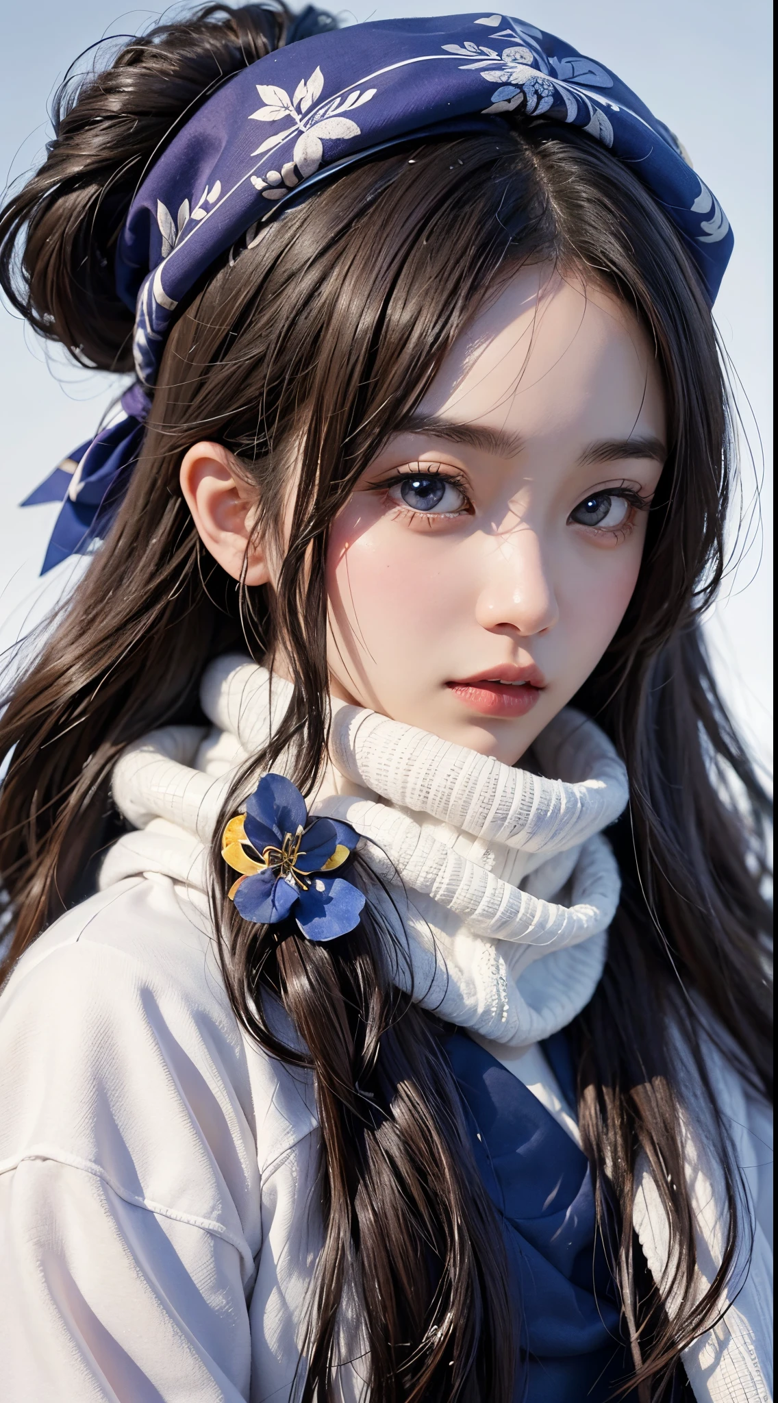 Ashipa-san、ainu woman、Kawaii Woman、About 20 years old、A detailed face、Detailed eyes、Blue eyes、Detailed skin、detailed hairs、super realistic picture quality、An ultra-high picture quality、8K、Hokkaido、snowscape、Purple bandana、White fur、blue black long straight hair、beautiful countenance、Beautuful Women、