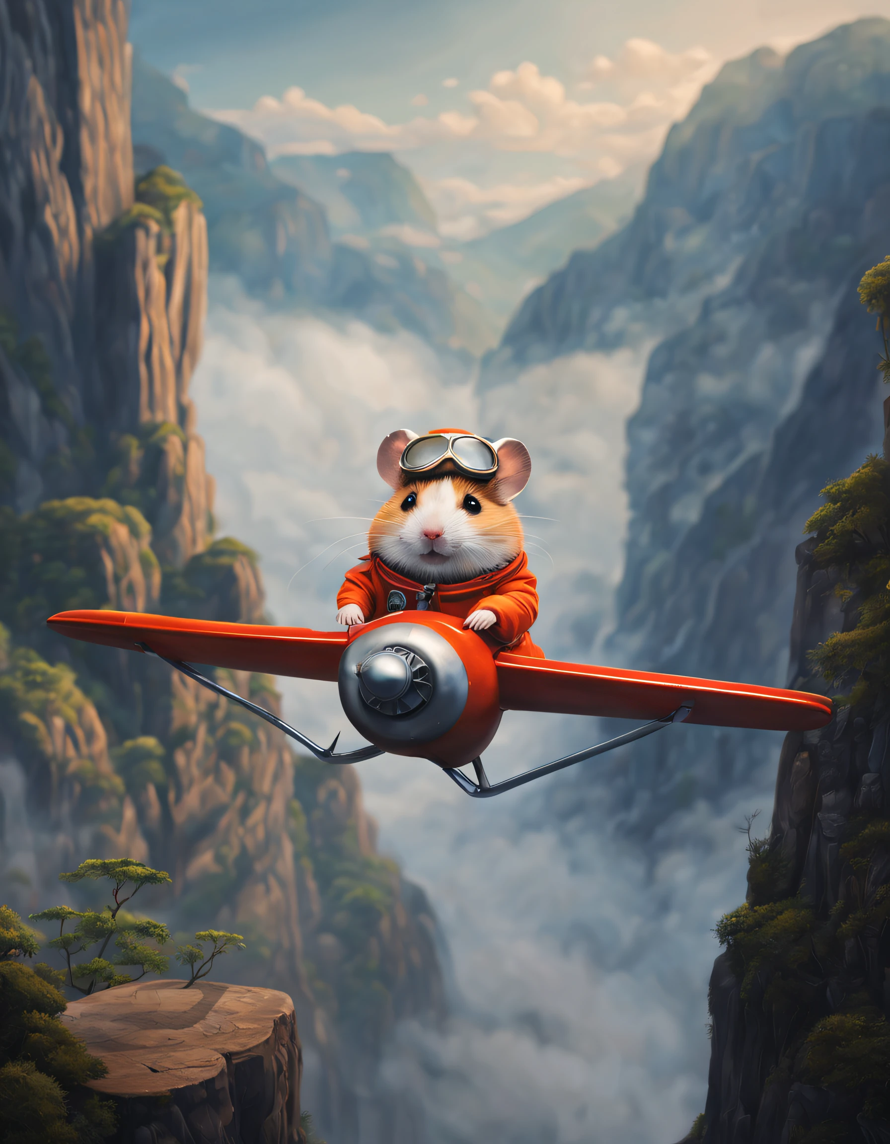 scenography，Very unified CG design，（Cute hamster standing on wooden plane flying），Wear flight suit and goggles，Background with：Between two mist-shrouded cliffs，
pixar-style，Felicia Simien and Studio Ghibli-style minimalist photography，Produced by Pixar，Maximalism，fine art，电影灯光，negative space，Dark art，ultra-realistic realism，ukiyoe painting，