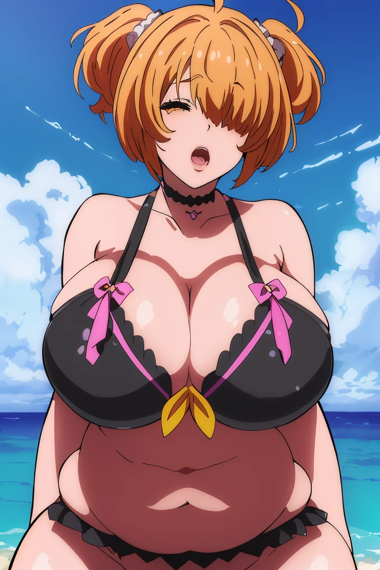 masutepiece, best_quality, 1girl in, Solo, (E9(Valkyrie Drive Mermaid),Fat,Huge breasts,Black lace choker,Hair over one eye,hair over eyes,Ahoge), Beach, bikini of