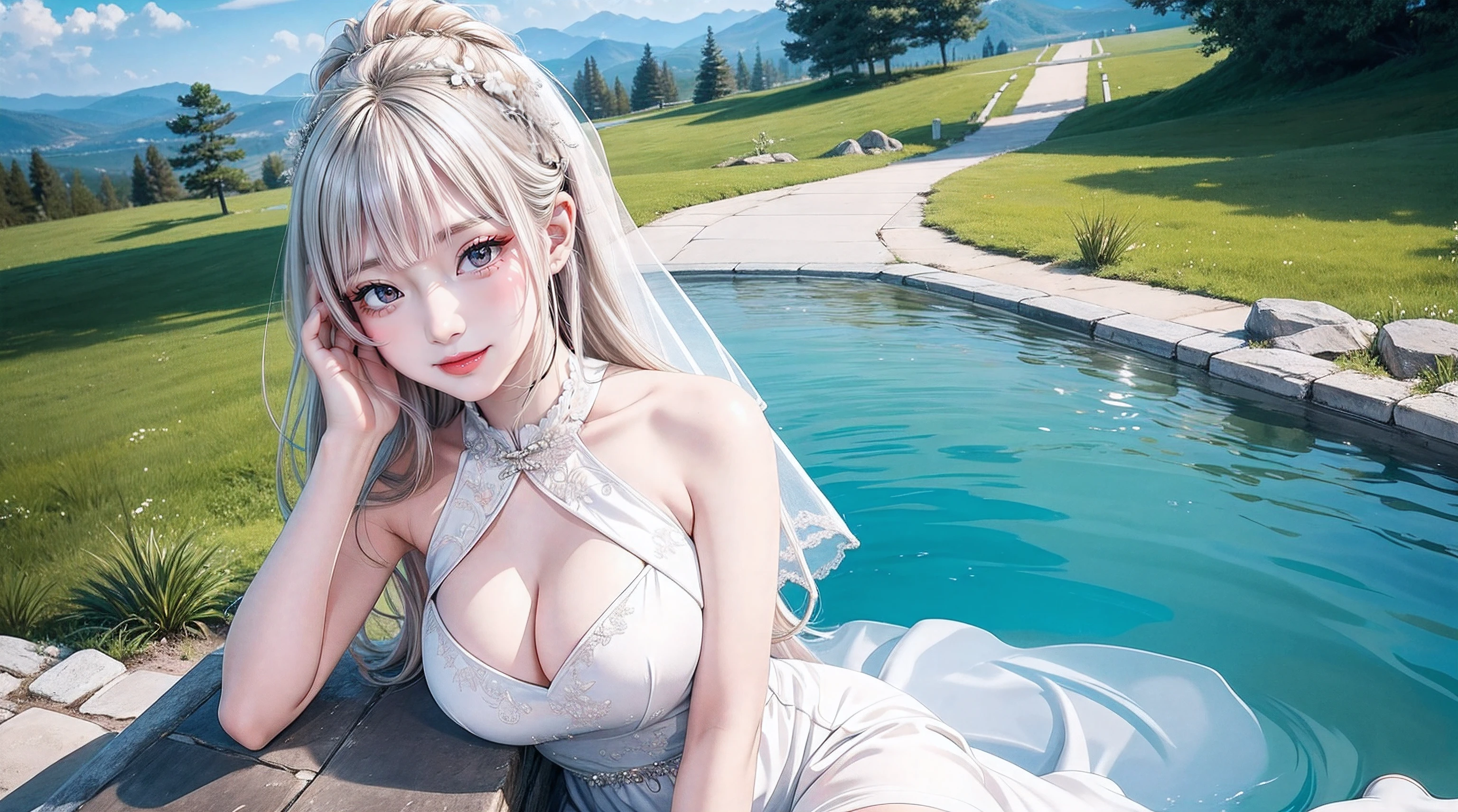 Skysky,daysies,suns,Strong edge light,On a meadow,nipple play_CG,girl,Alone,alternate hair lengths,ahoge,light blush,Long eyelashes,Water-colored eyes,looking at viewert,nedium breasts,Large breasts,Moles on the breast,Bare legged,tmasterpiece,Best quality at best,tmasterpiece,Best quality at best,offcial art,extremely detaild的 CG unified 8k wallpapers,wedding gown:Chinese dress:0.3,expose feet