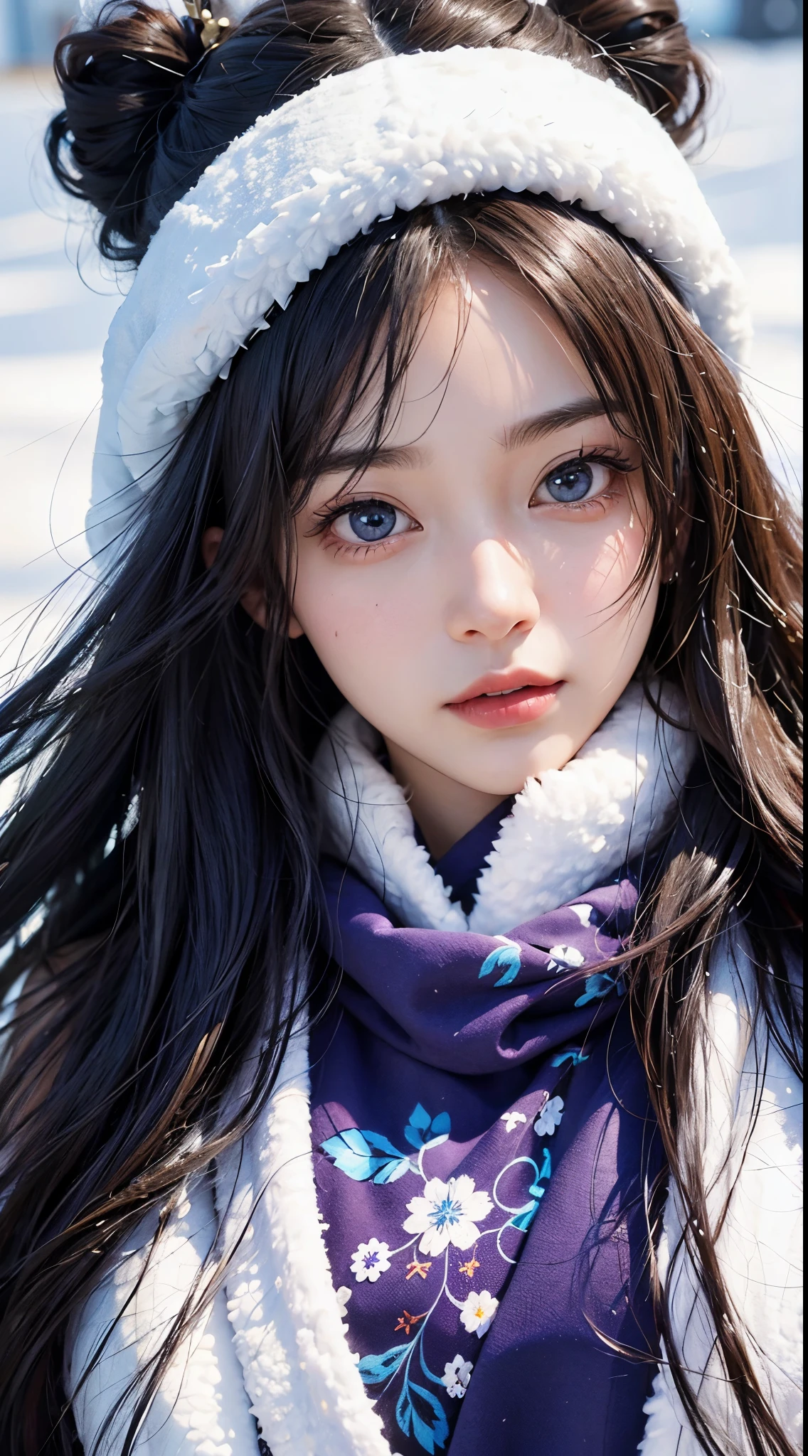 Ashipa-san、ainu woman、Kawaii Woman、About 20 years old、A detailed face、Detailed eyes、Blue eyes、Detailed skin、detailed hairs、super realistic picture quality、An ultra-high picture quality、8K、Hokkaido、snowscape、Purple bandana、White fur、blue black long straight hair、beautiful countenance、Beautuful Women、