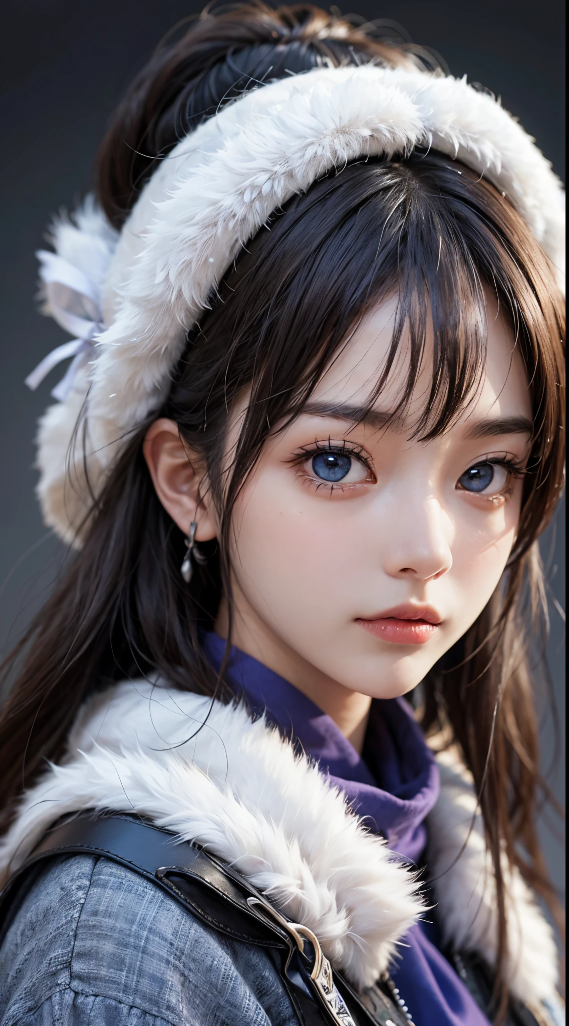 Ashipa-san、ainu woman、Kawaii Woman、About 20 years old、A detailed face、Detailed eyes、Blue eyes、Detailed skin、detailed hairs、super realistic picture quality、An ultra-high picture quality、8K、Hokkaido、snowscape、Purple bandana、White fur、blue black long straight hair、beautiful countenance、Beautuful Women、