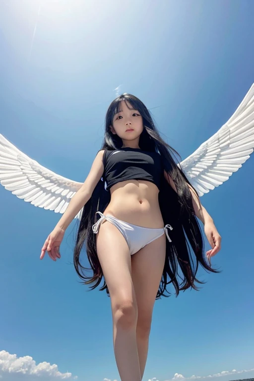 from below,full body,floating,angel, girl,very long black hair,