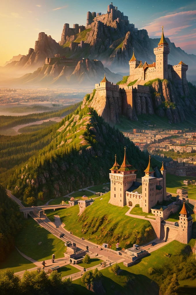 a painting of a castle on top of a mountain, inspired by the Brothers Hildebrandt, cg society contest winner, russian orbit city cityscape, glowing imperial motifs, town center background, crown of fire