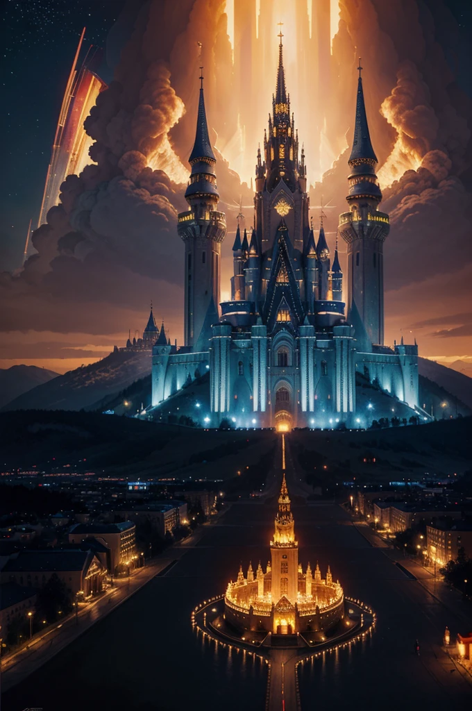 a painting of a castle on top of a mountain, inspired by the Brothers Hildebrandt, cg society contest winner, russian orbit city cityscape, glowing imperial motifs, town center background, crown of fire