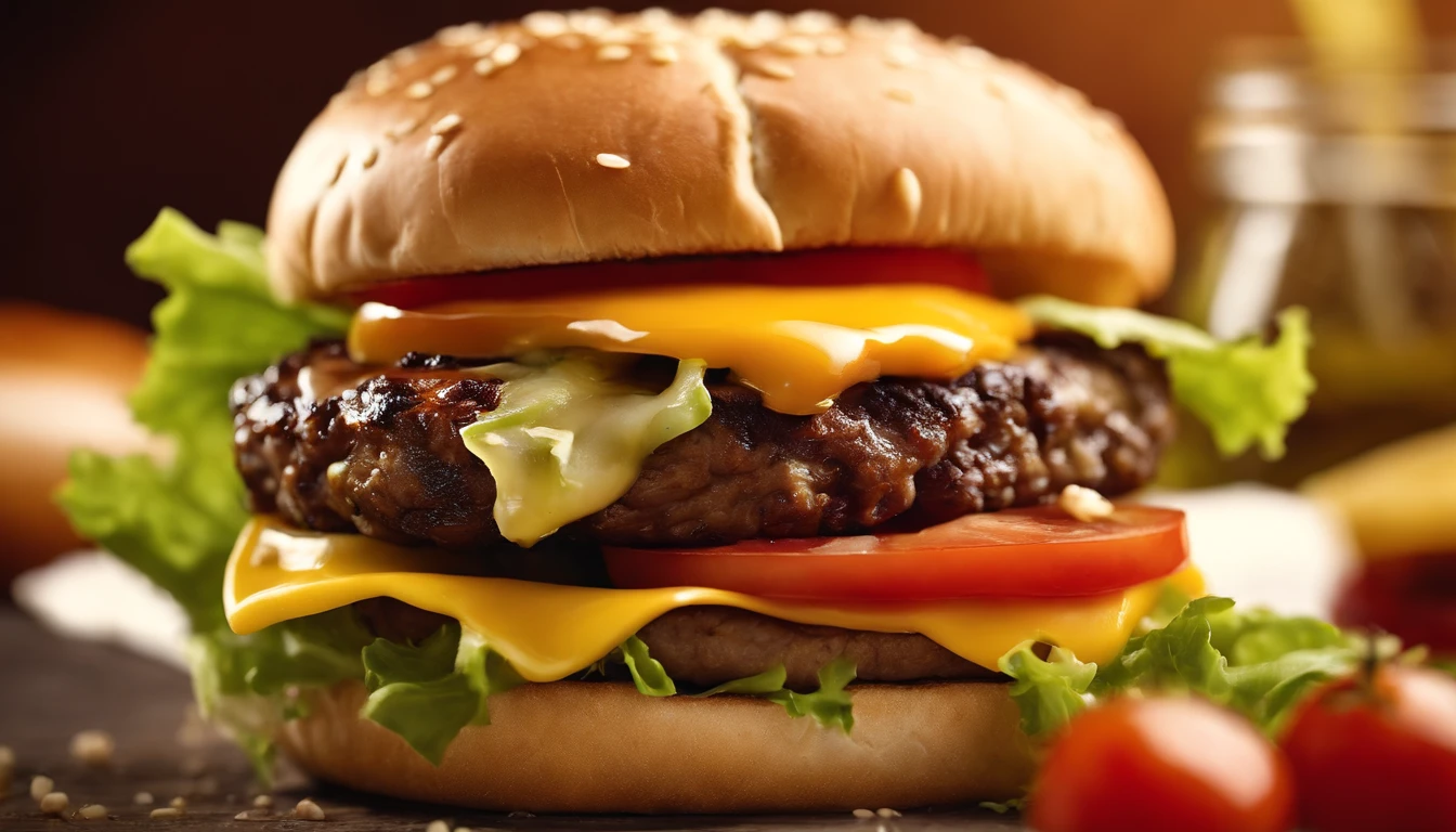 A high-resolution photograph of a cheeseburger with a perfectly melted slice of American cheese, resting on a juicy beef patty, topped with crisp lettuce, ripe tomato slices, and a tangy pickle, all nestled between a toasted sesame seed bun.