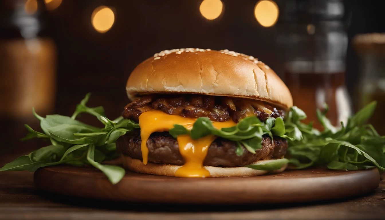 An aesthetic image of a gourmet cheeseburger, featuring a thick, perfectly cooked patty topped with a melting slice of aged cheddar cheese, accompanied by fresh arugula leaves, caramelized onions, and a smear of smoky barbecue sauce on a brioche bun.