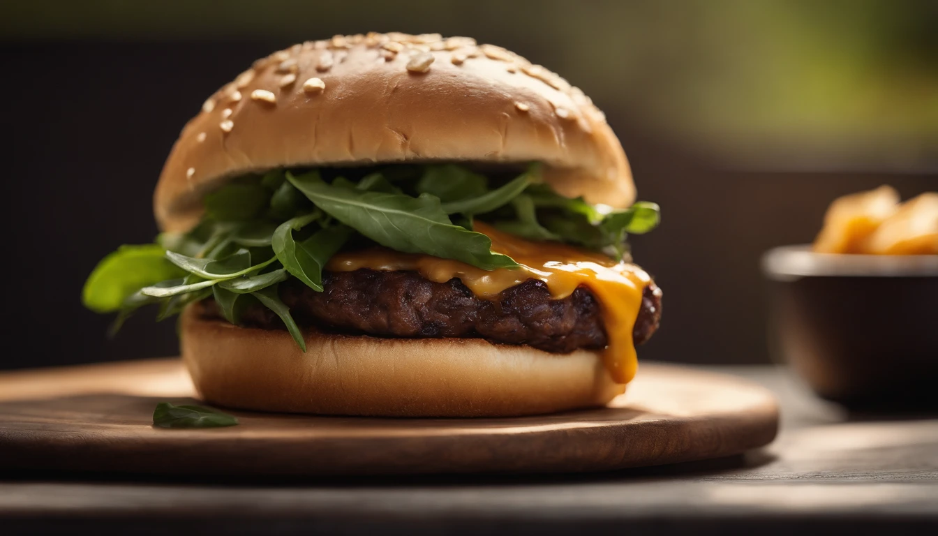 An aesthetic image of a gourmet cheeseburger, featuring a thick, perfectly cooked patty topped with a melting slice of aged cheddar cheese, accompanied by fresh arugula leaves, caramelized onions, and a smear of smoky barbecue sauce on a brioche bun.