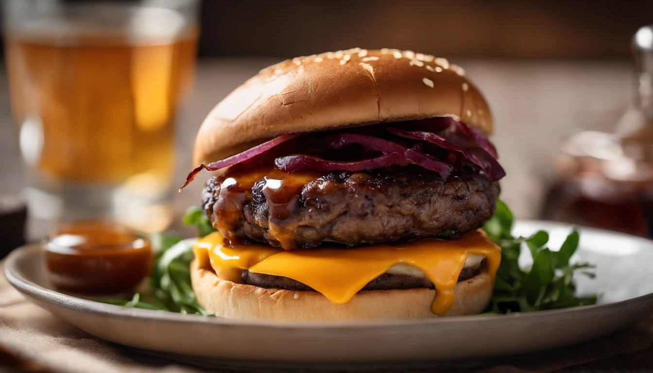 An aesthetic image of a gourmet cheeseburger, featuring a thick, perfectly cooked patty topped with a melting slice of aged cheddar cheese, accompanied by fresh arugula leaves, caramelized onions, and a smear of smoky barbecue sauce on a brioche bun.