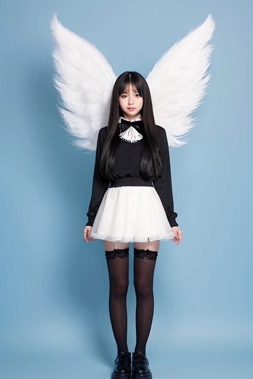 from below,full body,floating,angel,14 years old girl,very long black hair,