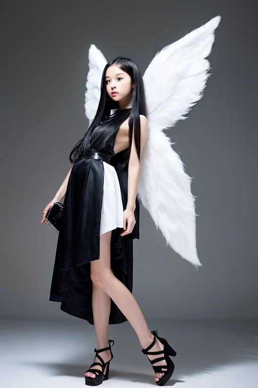 from below,full body,floating,angel, girl,very long black hair,