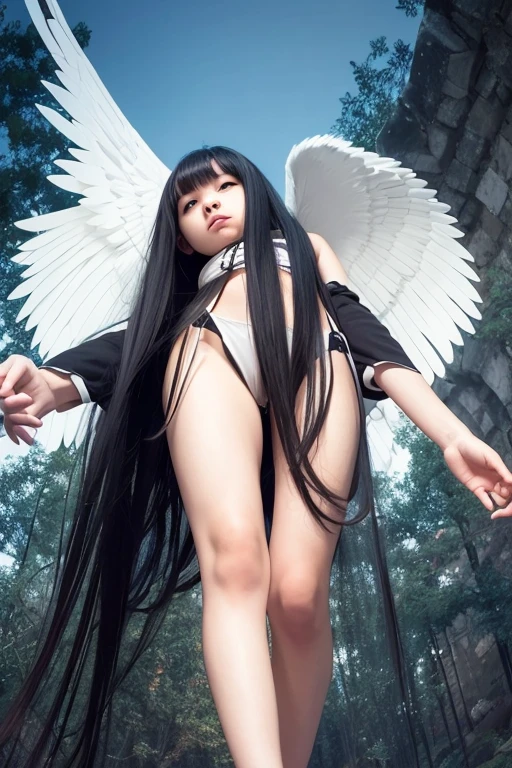 from below,full body,floating,angel, girl,very long black hair,