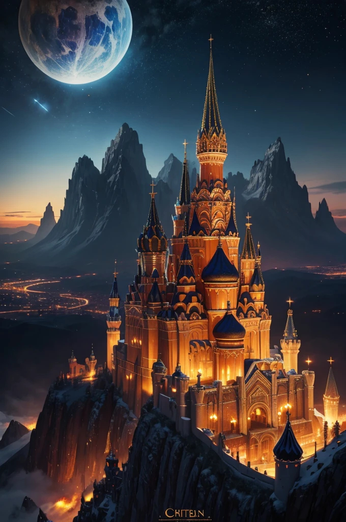 a painting of a castle on top of a mountain, inspired by the Brothers Hildebrandt, cg society contest winner, russian orbit city cityscape, glowing imperial motifs, town center background, crown of fire