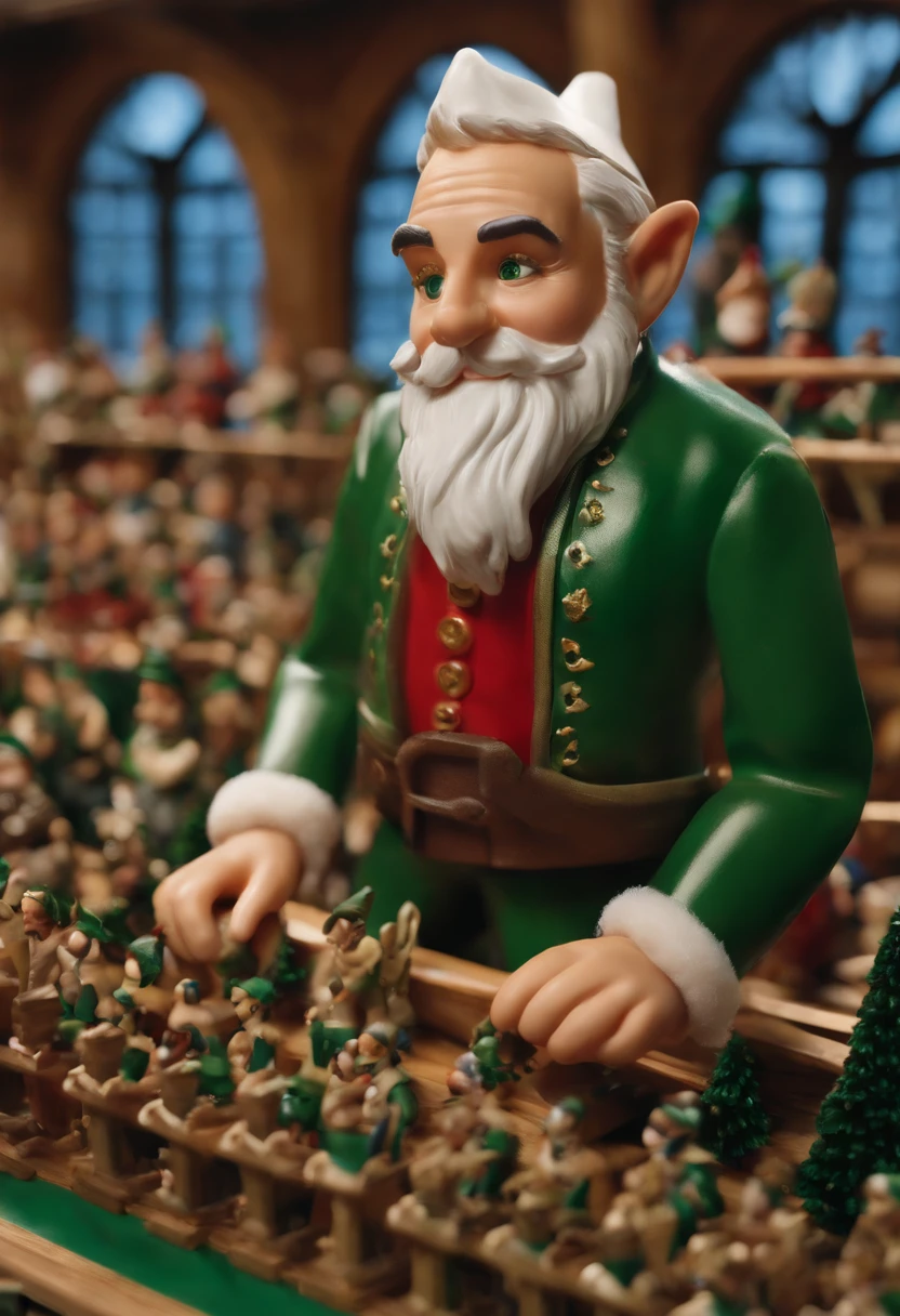 A close-up of Elfred carefully assembling the mechanical components of a toy train,original,Elfred is a small typical elf with green eyes, and a constant smile under a neatly trimmed white beard. While running Santa’s workshop, he is secretly the mastermind behind a massive global cocaine cartel. , male