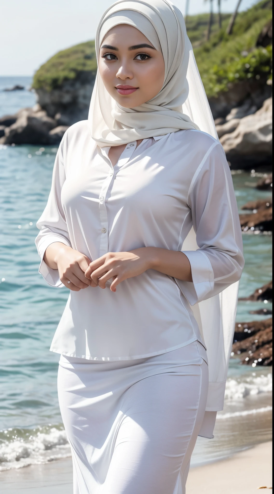 RAW, Best quality, high resolution, masterpiece: 1.3), beautiful Malay woman in hijab (iu:0.8),1 Malay woman wearing a plain hijab. soft smile. beautiful face.big breast, woman posing for photo in long skirt and white shirt, medium chest. Depth of field background on beach by the sea. In a shirt, in a white shirt, in a fine white shirt, in a shirt, in a white shirt, in a white button shirt, in a white shirt, in an open shirt, in a white shirt, in a light shirt, in a tight and simple outfit, in a white shirt