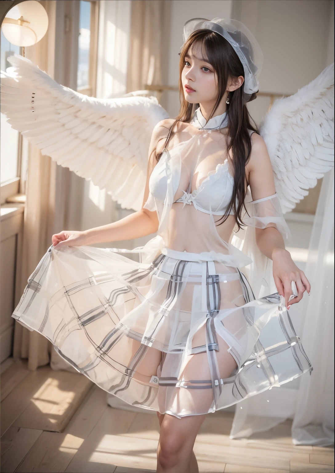 8K Masterpiece Raw photo Best Quality femele White sheer dress a miniskirt (Expose all shoulders) Show thighs full body Esbian No shoulder straps, Moderately large oblique Show pantieswings on the back