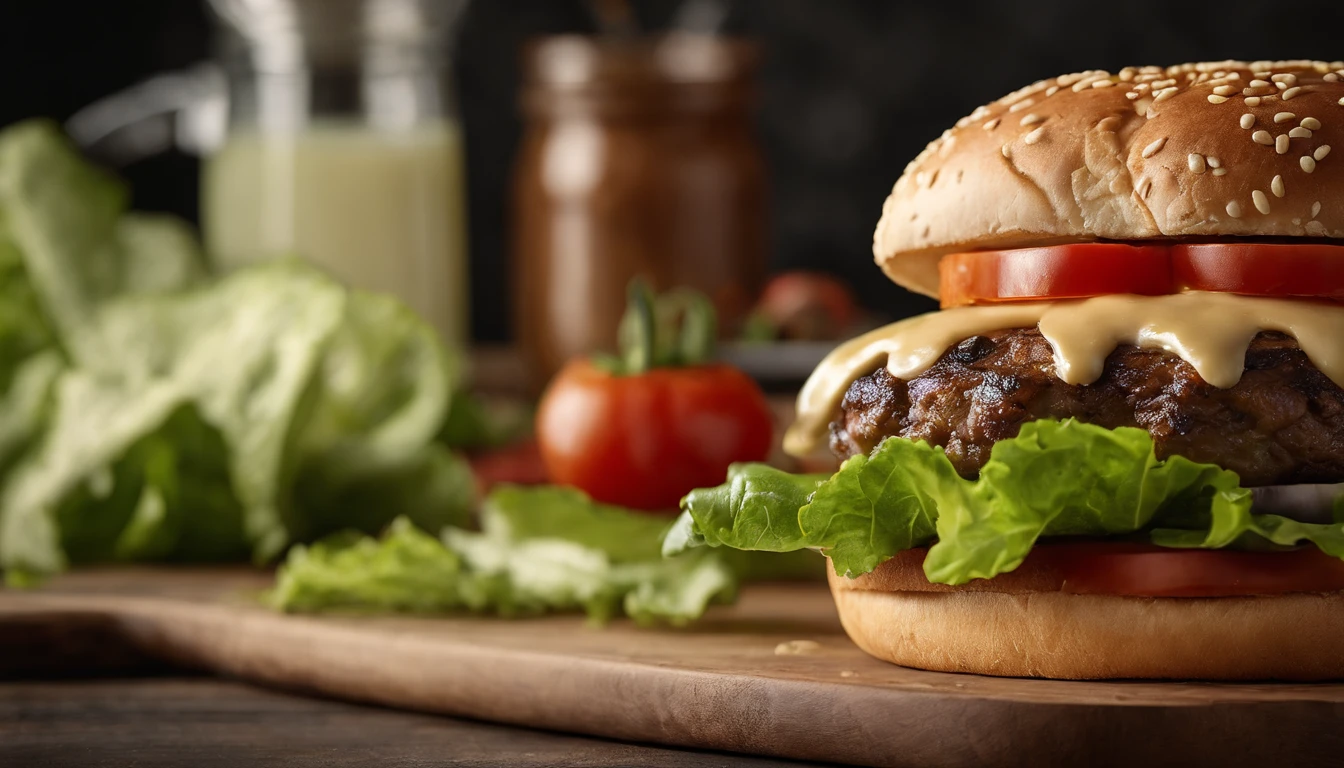 A realistic photograph of a cheeseburger with a melty slice of pepper jack cheese, showcasing a perfectly grilled beef patty, complemented by a heap of crunchy lettuce, juicy tomato slices, zesty jalapenos, and a smear of creamy chipotle sauce, nestled within a toasted pretzel bun.
