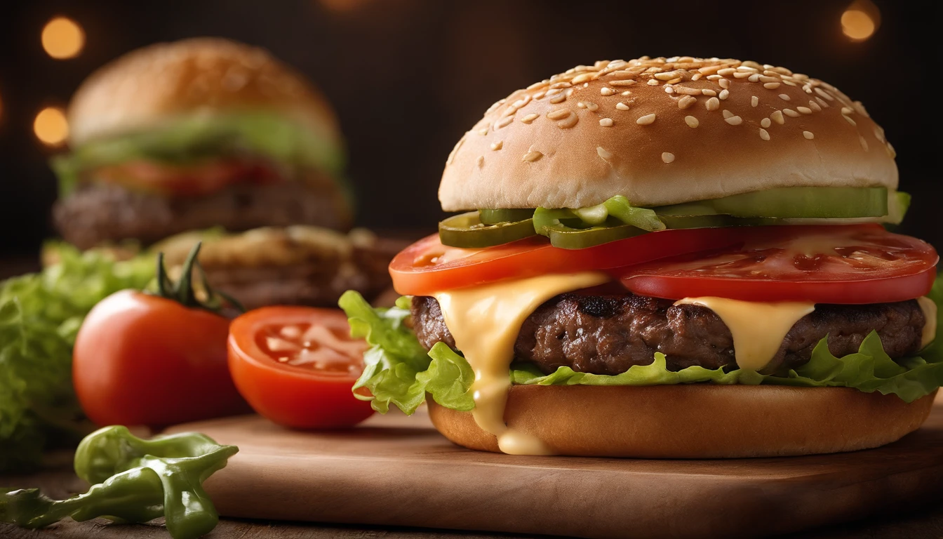 A realistic photograph of a cheeseburger with a melty slice of pepper jack cheese, showcasing a perfectly grilled beef patty, complemented by a heap of crunchy lettuce, juicy tomato slices, zesty jalapenos, and a smear of creamy chipotle sauce, nestled within a toasted pretzel bun.