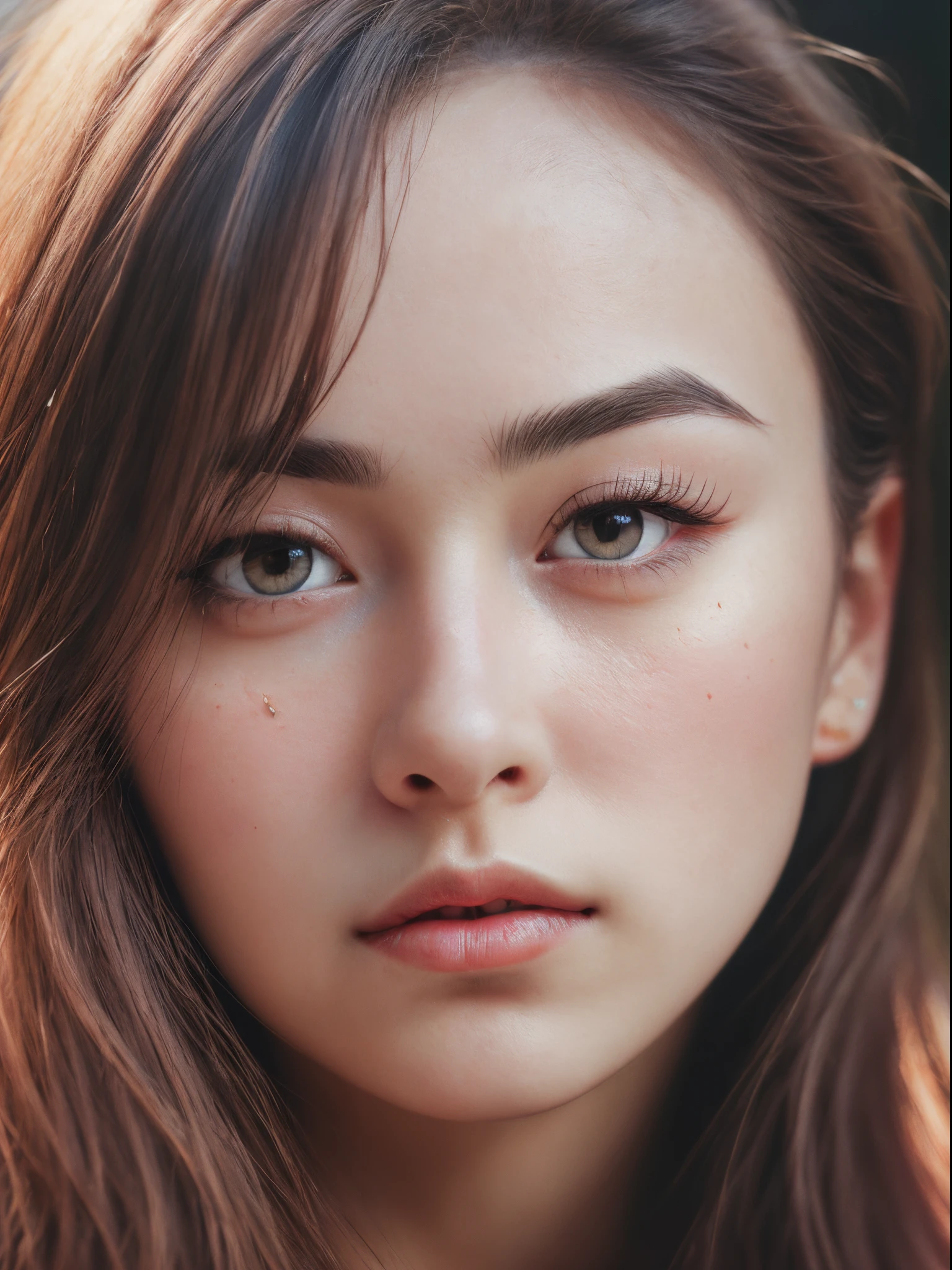 (8K, HDR, highres), ((((Photography, RAW photo, hyperrealism, masterpiece, best quality, ultra highres)))), (pin light, back light, backlighting, cinematic light), sharp focus:1. 4, (hyper detail, finely detailed), face close-up, close-up,
1girl, Egg-shaped face with cat-like eyes, small and plump lips, straight and cute nose, slightly blushing cheekbones, thick eyebrows and long and pretty eyelashes.