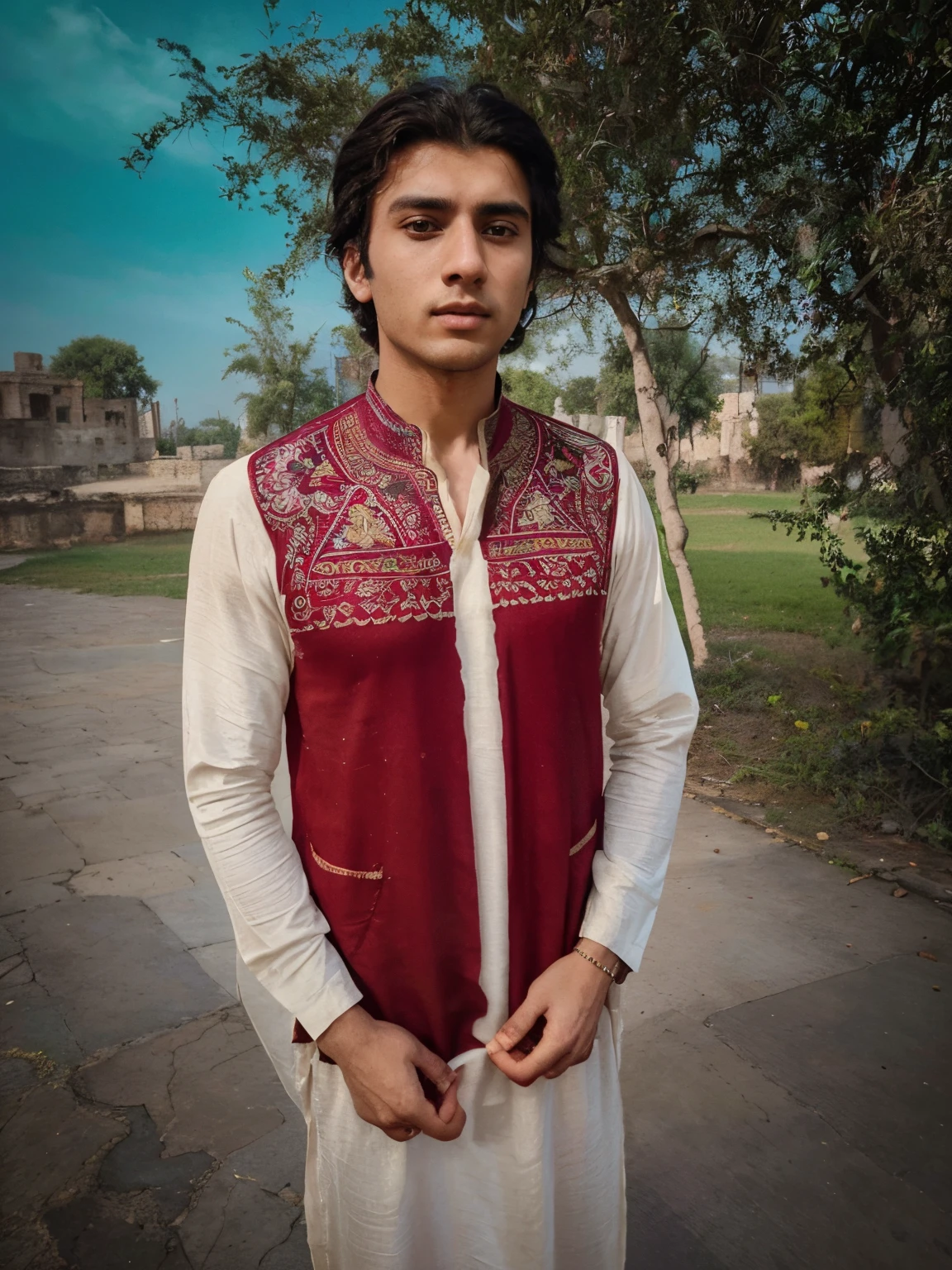 Year: 2023 century. Location: lahore. Pre-raphaelite scene with a 21-year-young man, with a black caftan, looking in awe the wonders of the modern busy city, ((((11th century plain caftan)))) (( year 2023 hairstyle)), (((cinematic style)))