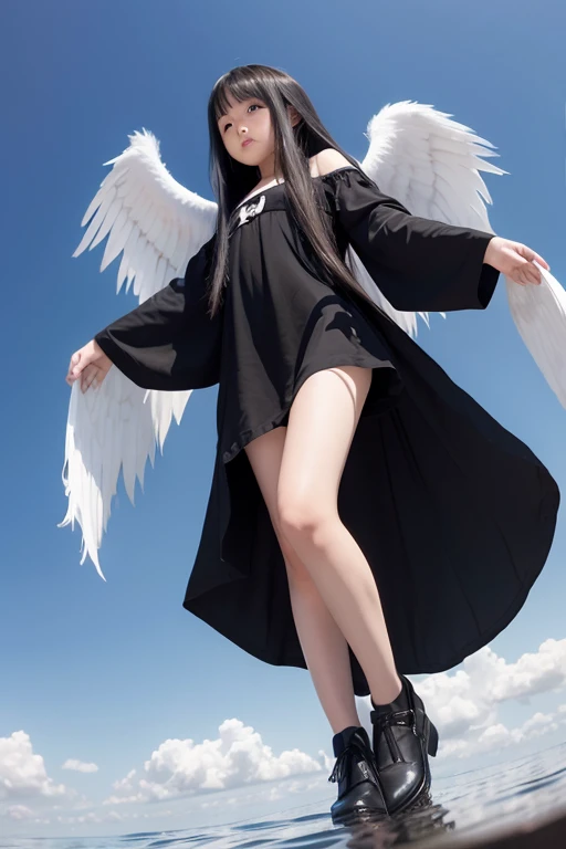 from below,full body,floating,angel, girl,very long black hair,