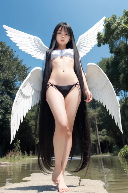 from below,full body,floating,angel, girl,very long black hair,