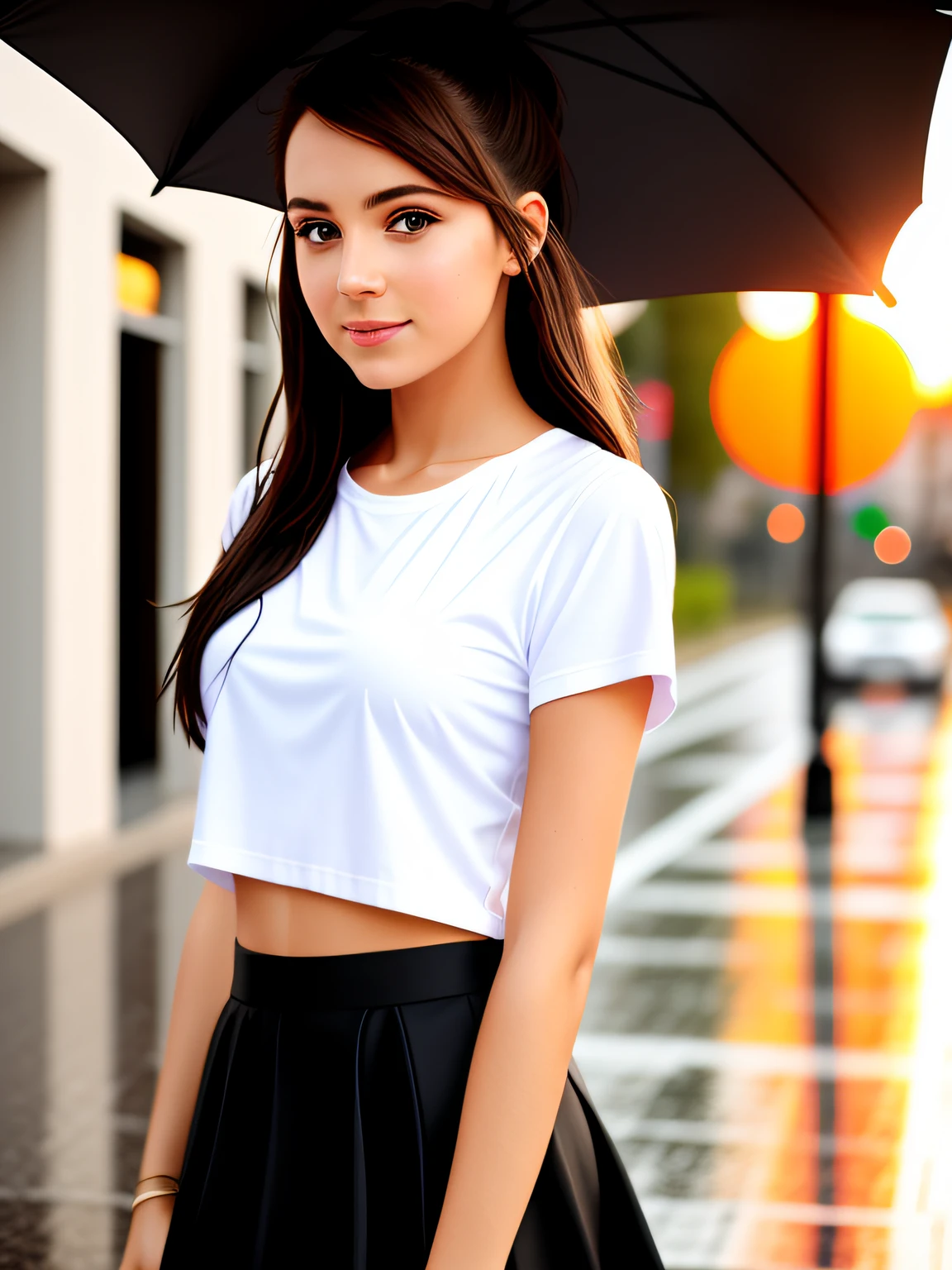 Close-up portrait of an europian girl, modern city style background, she is walking on a street, (really pouring rain falls:1.1), she is completely wet, a simple t-shirt and a skirt, a white t-shirt and a skirt, no bra under a t-shirt, naked under a t-shirt, a slim figure, natural breasts, dark brown hair, a bun hairstyle, sunset, flirting with the camera