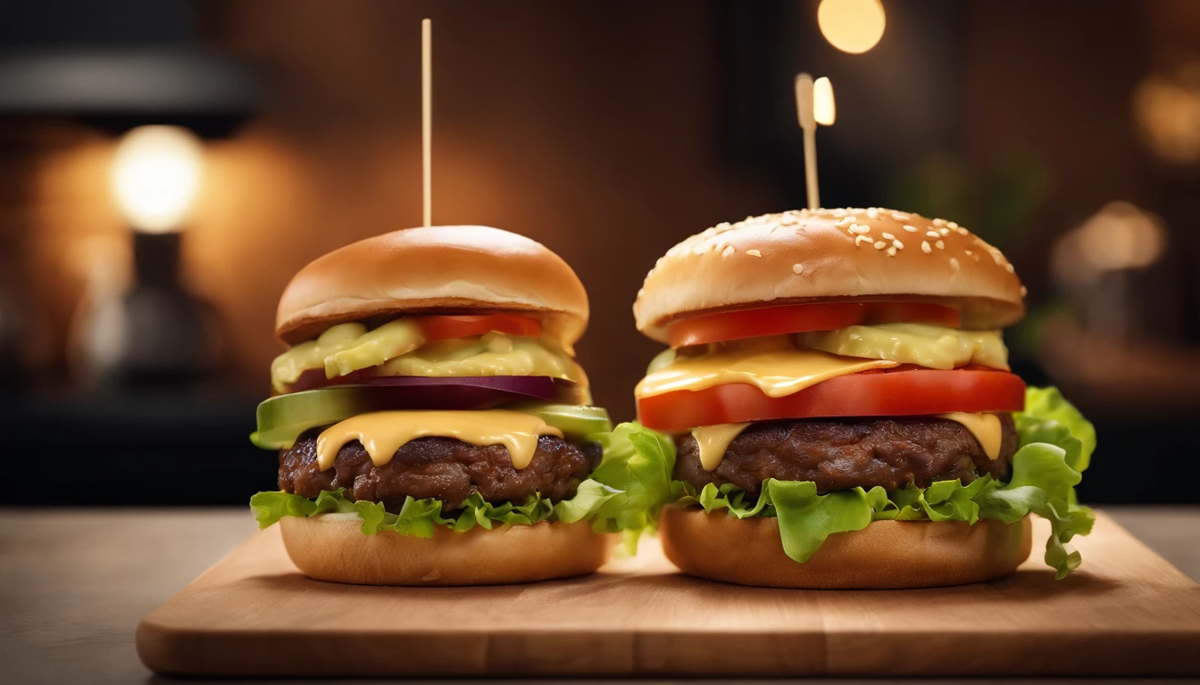 A high-resolution photograph of a double cheeseburger, stacked with two perfectly seared beef patties, each topped with a slice of melted provolone cheese, layered with fresh lettuce, tangy pickles, juicy tomato slices, and a generous spread of special sauce, all hugged by a toasted brioche bun.
