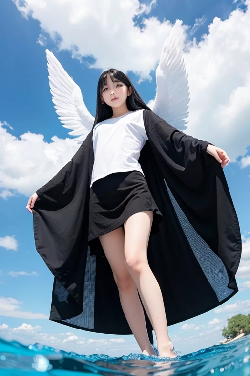 from below,full body,floating,angel, girl,very long black hair,