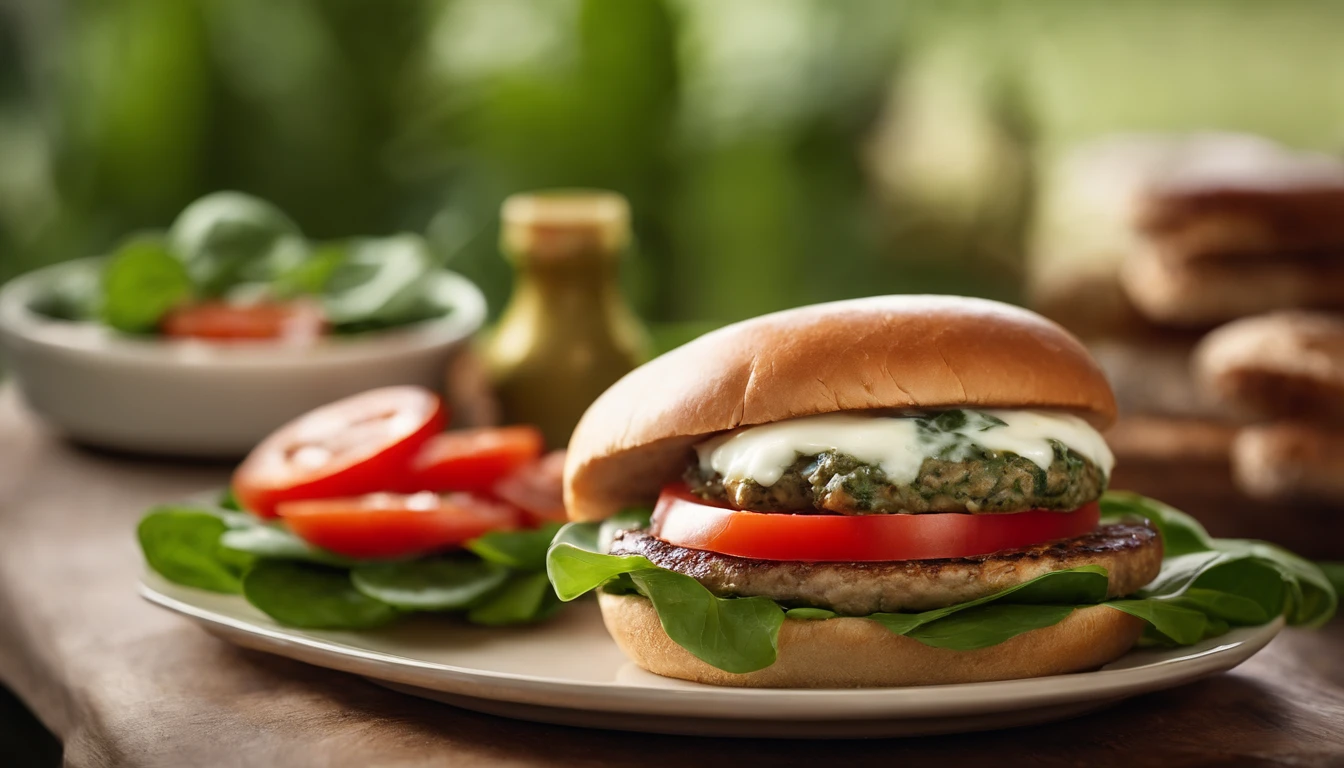 A detailed shot of a cheeseburger with a melting slice of mozzarella cheese blanketing a tender turkey patty, adorned with crisp baby spinach leaves, juicy tomato slices, sliced red onion, and a smear of zesty basil pesto, all enveloped by a fluffy whole grain bun.
