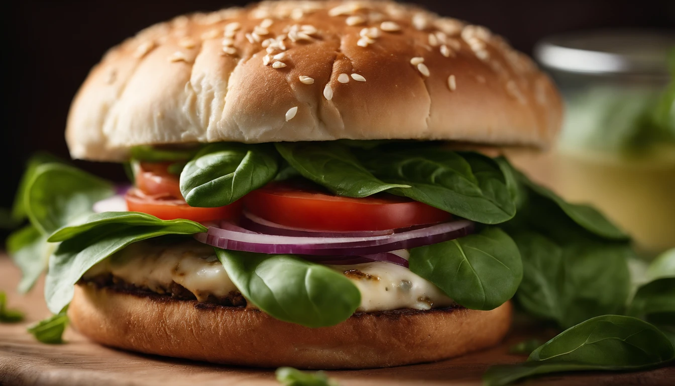 A detailed shot of a cheeseburger with a melting slice of mozzarella cheese blanketing a tender turkey patty, adorned with crisp baby spinach leaves, juicy tomato slices, sliced red onion, and a smear of zesty basil pesto, all enveloped by a fluffy whole grain bun.