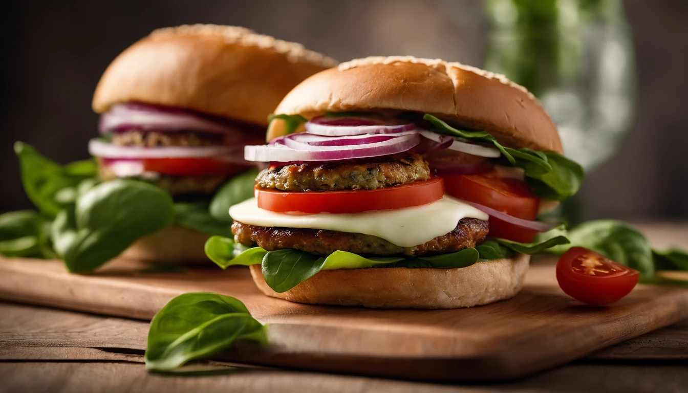 A detailed shot of a cheeseburger with a melting slice of mozzarella cheese blanketing a tender turkey patty, adorned with crisp baby spinach leaves, juicy tomato slices, sliced red onion, and a smear of zesty basil pesto, all enveloped by a fluffy whole grain bun.