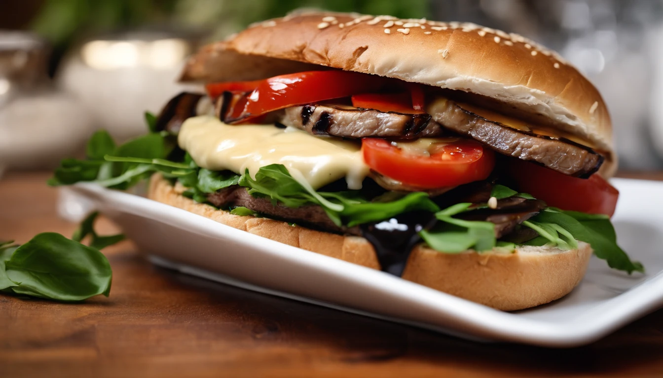An aesthetic image of a vegetarian cheeseburger, featuring a grilled portobello mushroom cap topped with melted Monterey Jack cheese, nestled on a bed of peppery arugula leaves, sliced tomatoes, grilled red peppers, and a drizzle of tangy balsamic glaze, all enclosed within a toasted ciabatta roll.