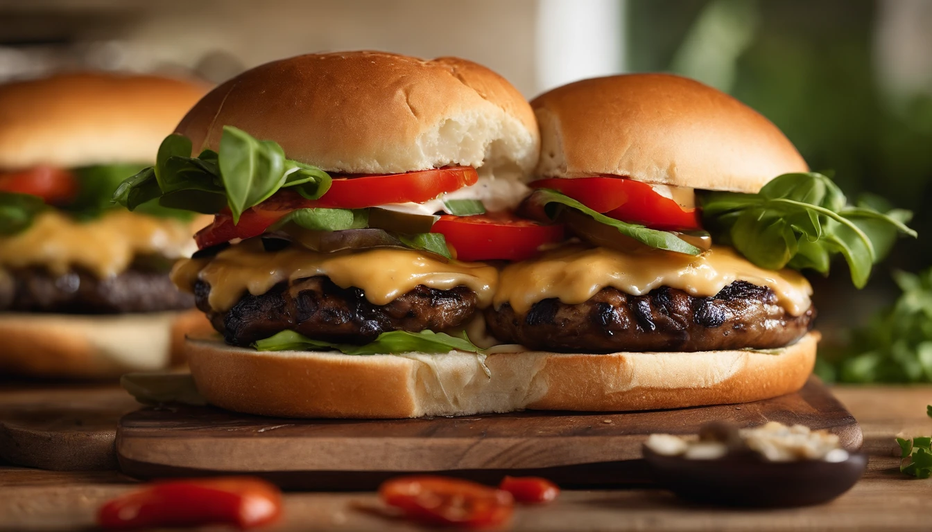 An aesthetic image of a vegetarian cheeseburger, featuring a grilled portobello mushroom cap topped with melted Monterey Jack cheese, nestled on a bed of peppery arugula leaves, sliced tomatoes, grilled red peppers, and a drizzle of tangy balsamic glaze, all enclosed within a toasted ciabatta roll.