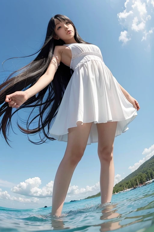 from below,full body,floating,angel,14 years old girl,very long black hair,