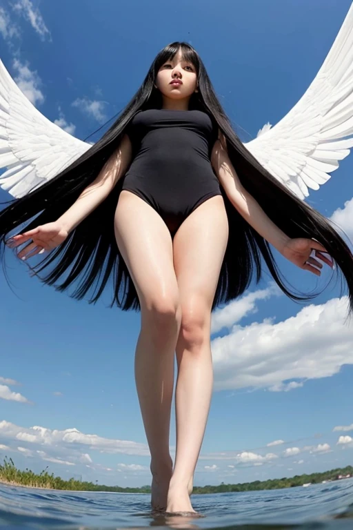 from below,full body,floating,angel, girl,very long black hair,