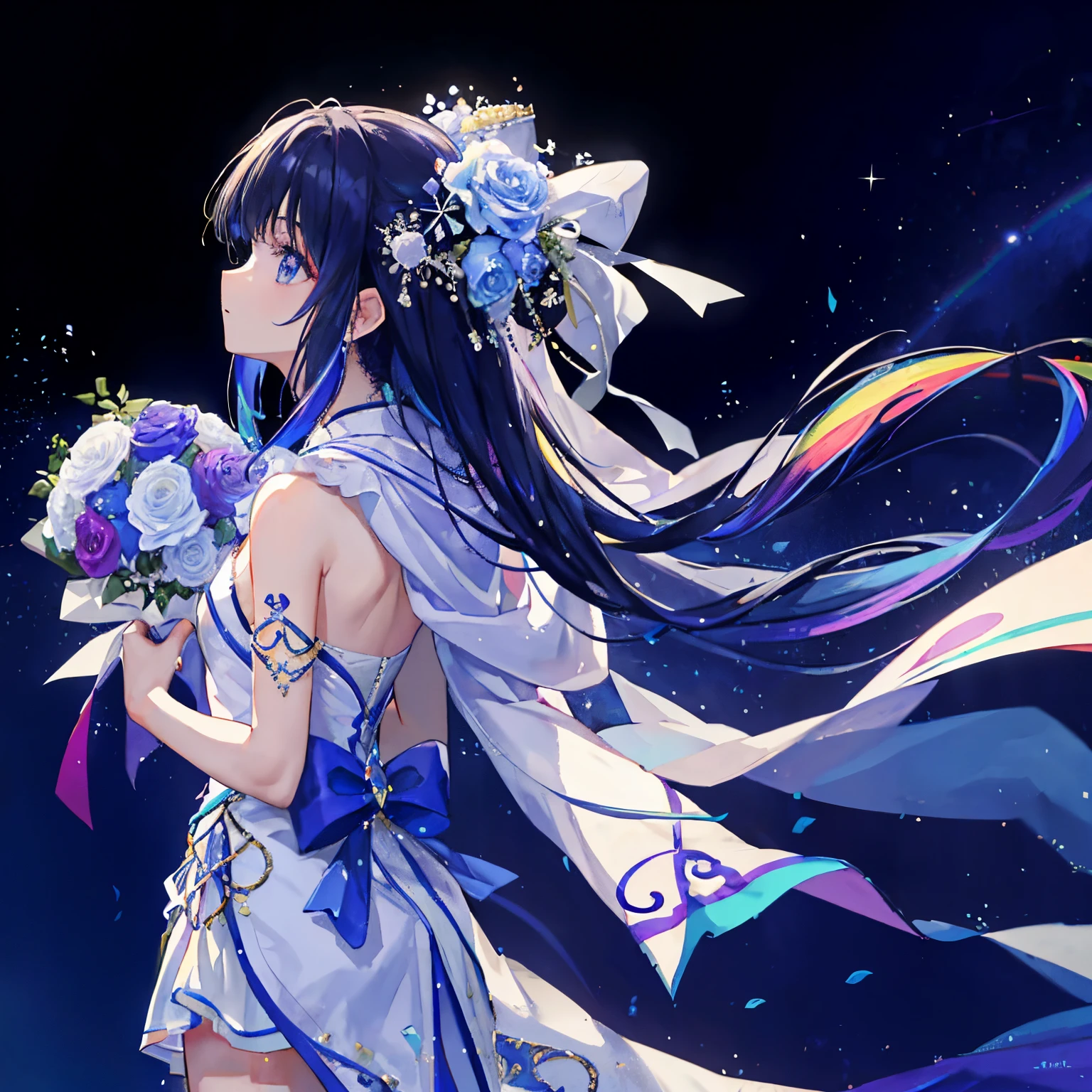 ((masterpiece、top-quality、ultra-definition、hight resolution))、独奏、a beauty girl、rainbow、15yo student、White muscle、Long iridescent hair、Naked robes in 7 colors、total solar eclipse、Sorcerer、with a white bouquet holding flower bouquet florals、Exposing the armpits、Chest does not move、Turn your back、profile