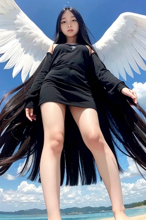 from below,full body,floating,angel,14 years old girl,very long black hair,