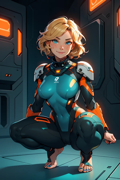 a beautiful, young, t cyborg woman, wearing skintight cybernetic technological, facial freckles, teal toe nail polish, cybernetics in her face, head and arms, visibly barefoot, white, black teal and orange body armor, , with  blonde wavy hair in a short hairstyle, in a futuristic room,squatting, smiling.
