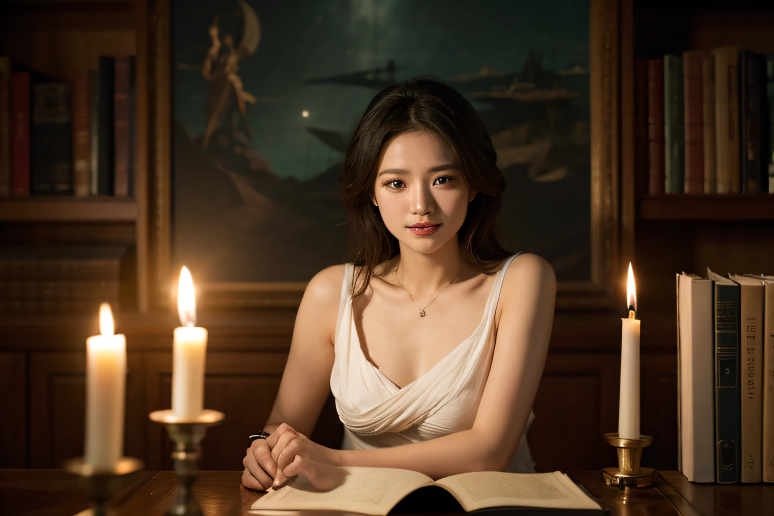 Cute smile.,stained glass window,alchemist,dark antique room,Candle lighting,Books,astronault,rubens style,alchemist,dark antique room,Candle lighting,Books,astronault, dark antique room, Candle lighting, Full body portrait smile, , Sweet and seductive appearance.、Caravaggio's paintings、Chiaroscuro of Caravaggio、Hair disheveled in the wind, Beautiful neckline, Cute smile, Expression of ecstasy,, Cute smile, Expression of ecstasy., full body portrait smile, , Sweet and seductive appearance.、Caravaggio's paintings、Chiaroscuro of Caravaggio、Hair disheveled in the wind, Beautiful neckline, Cute smile, Expression of ecstasy,, Cute smile, expression of ecstasy