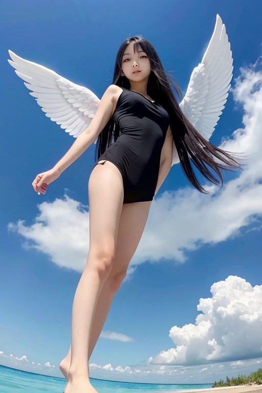 from below,full body,floating,angel, girl,very long black hair,