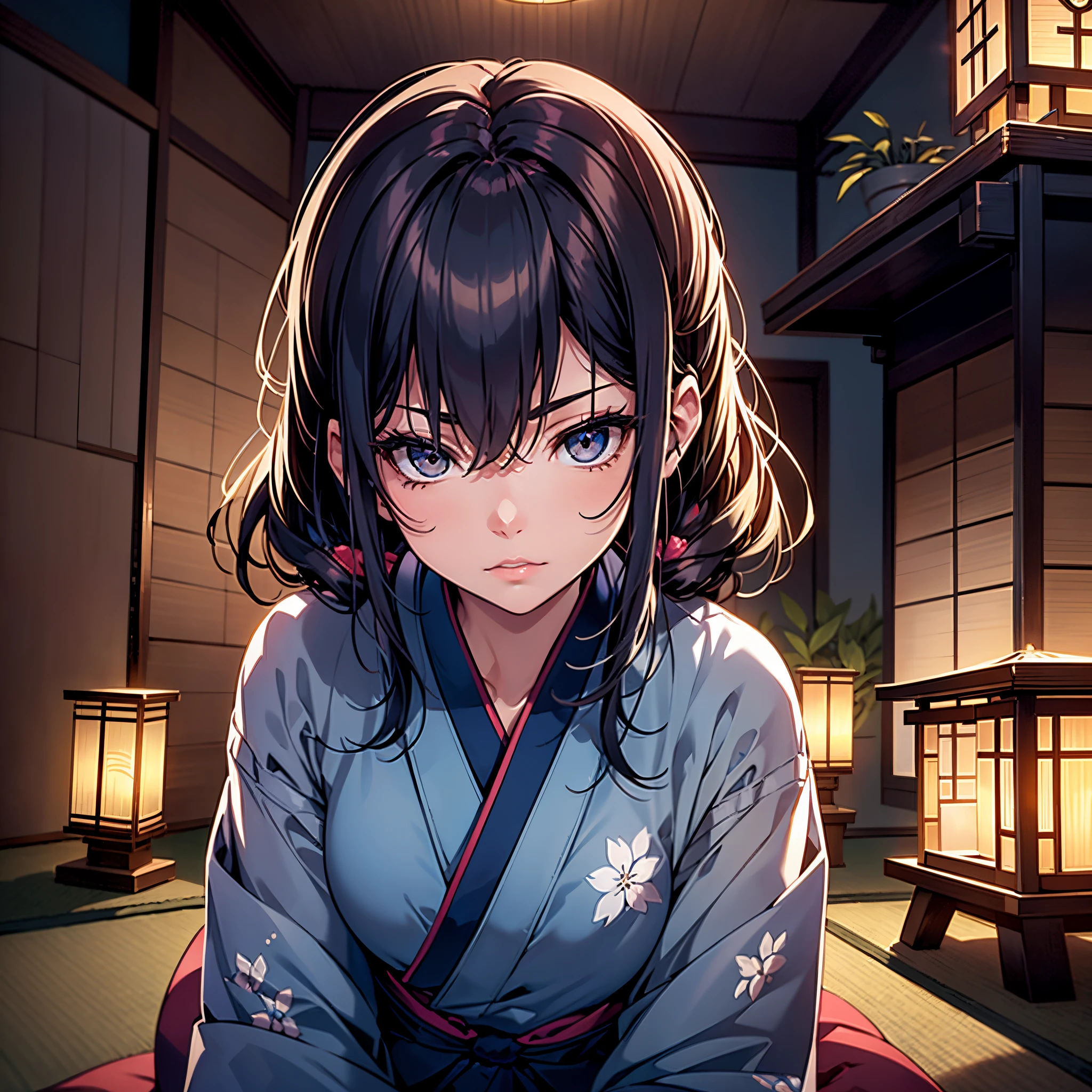 (best quality), (master part:1.3), (fotorrealista:1.36), (Realistic), ultra-detalhado, A woman with cheekbones is relaxing in a tatami room, vestindo um uchikake lindo e bonito (um tipo de quimono) com as nuvens pintadas. She has a beautiful face with a melancholy expression and bright colored eyes. She is dressed in a luxurious and colorful kimono. separated-lips. A beautiful folding screen. A dimly lit lantern in a dimly lit tatami room at night. Desenhos detalhados. vivid colors. alta qualidade de imagem. ｗ-Isitting.