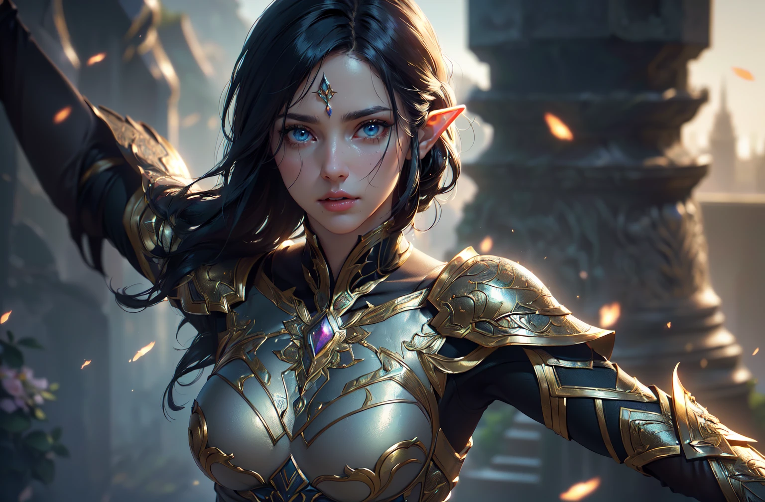 ((masterpiece)),(best quality), ((mature)) beautiful 1woman elf ranger, ((cinematic)), dynamic:1.2, intricate ((closed realistic)) armor, particles:1.2, (pastel:1.2), (black hair), (intricate cinematic background:1.2), (depth of field), (emotional face), fantasy, thriller, (Action movie), amazing, Powerful, Mysterious, ((dramatic scene from movie))