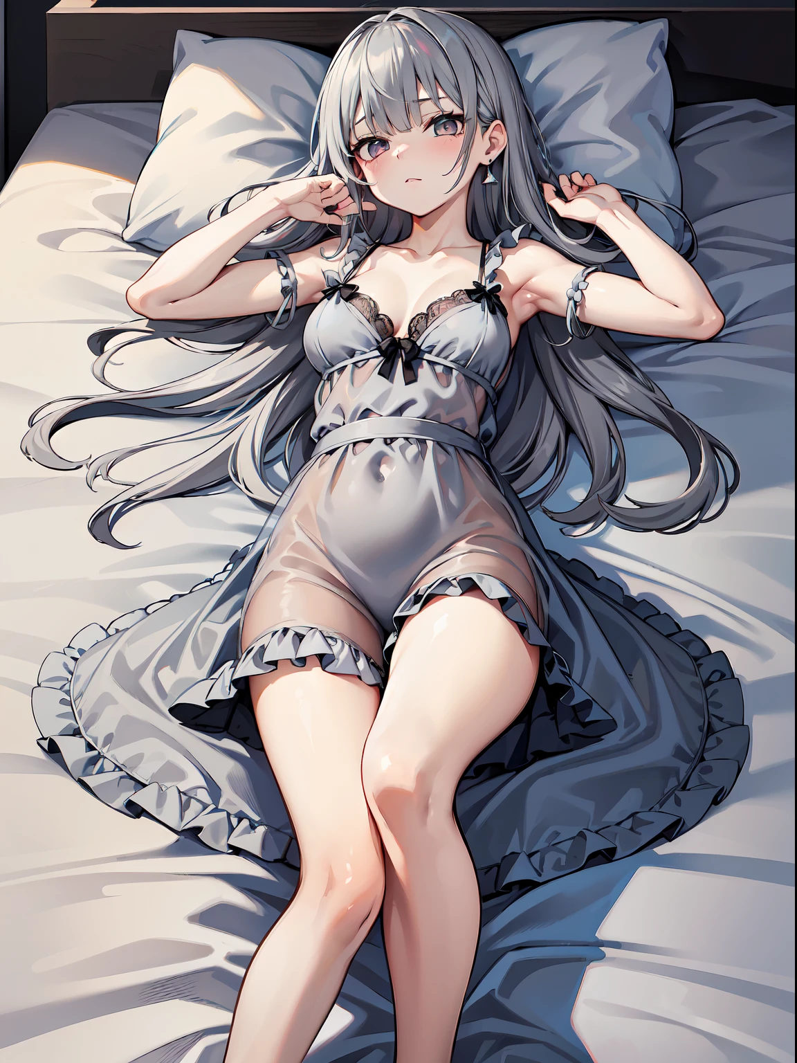 (RAW Photos, Best Quality), (animesque: 1.2), [Glitter], absurderes, Looking at Viewer, Solo, (Gray doll:1.5), Large breasts, Long hair, Grey Hair, Bangs, grey  eyes, earrings, Drill Hair, hair between eye, Hair Ornament, (babydoll:1.3), See-through, bed, deadpan, (((Lying on your back with your legs spread on the silk bed, ))), (Spread:1.9)，Professional Lighting, (glistning skin:0.9),Highly detailed facial and skin texture, perfect hand,