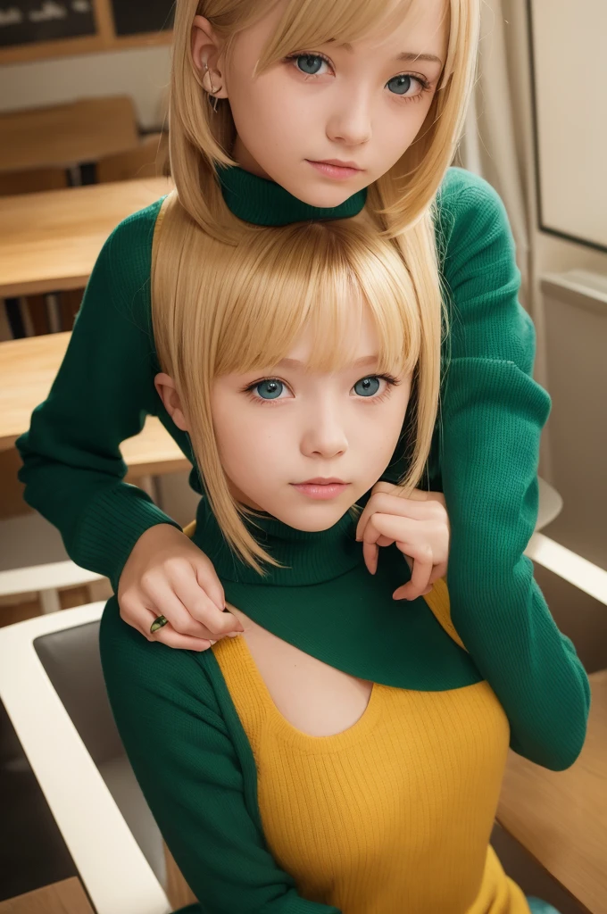 a very cute blonde  girl wearing vivid darker yellowish green chest-hole-cut-out turtleneck, sitting in cafe posing for picture, bob-cut hair, raw photo