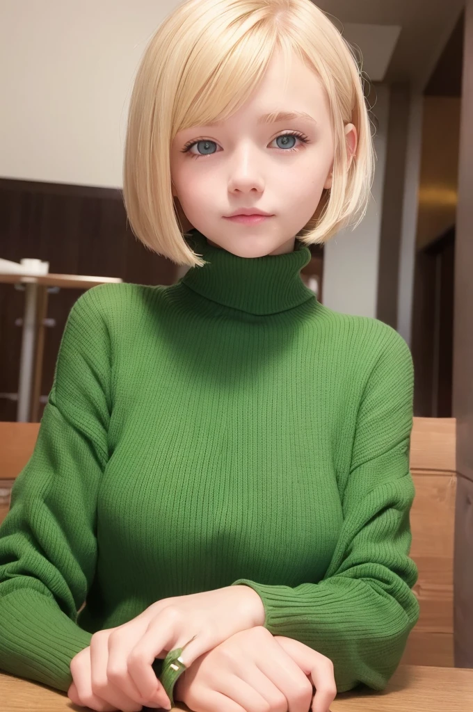 a very cute blonde 14yo girl wearing vivid darker yellowish green chest-hole-cut-out turtleneck, sitting in cafe posing for picture, bob-cut hair, raw photo